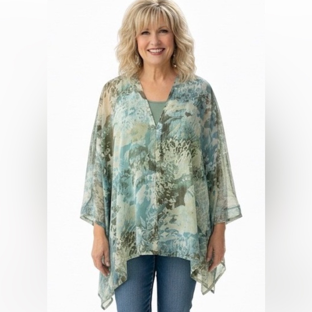 Chico's Sheer Abstract Print Button Up Poncho‎ Top S/M Blue Green Lightweight